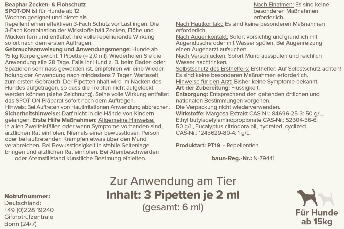 Beaphar Zecken- und Flohschutz SPOT-ON für große Hunde (ab 15kg), 3-fach Wirkstoffkomplex gegen Zecken, Flöhe, Mücken