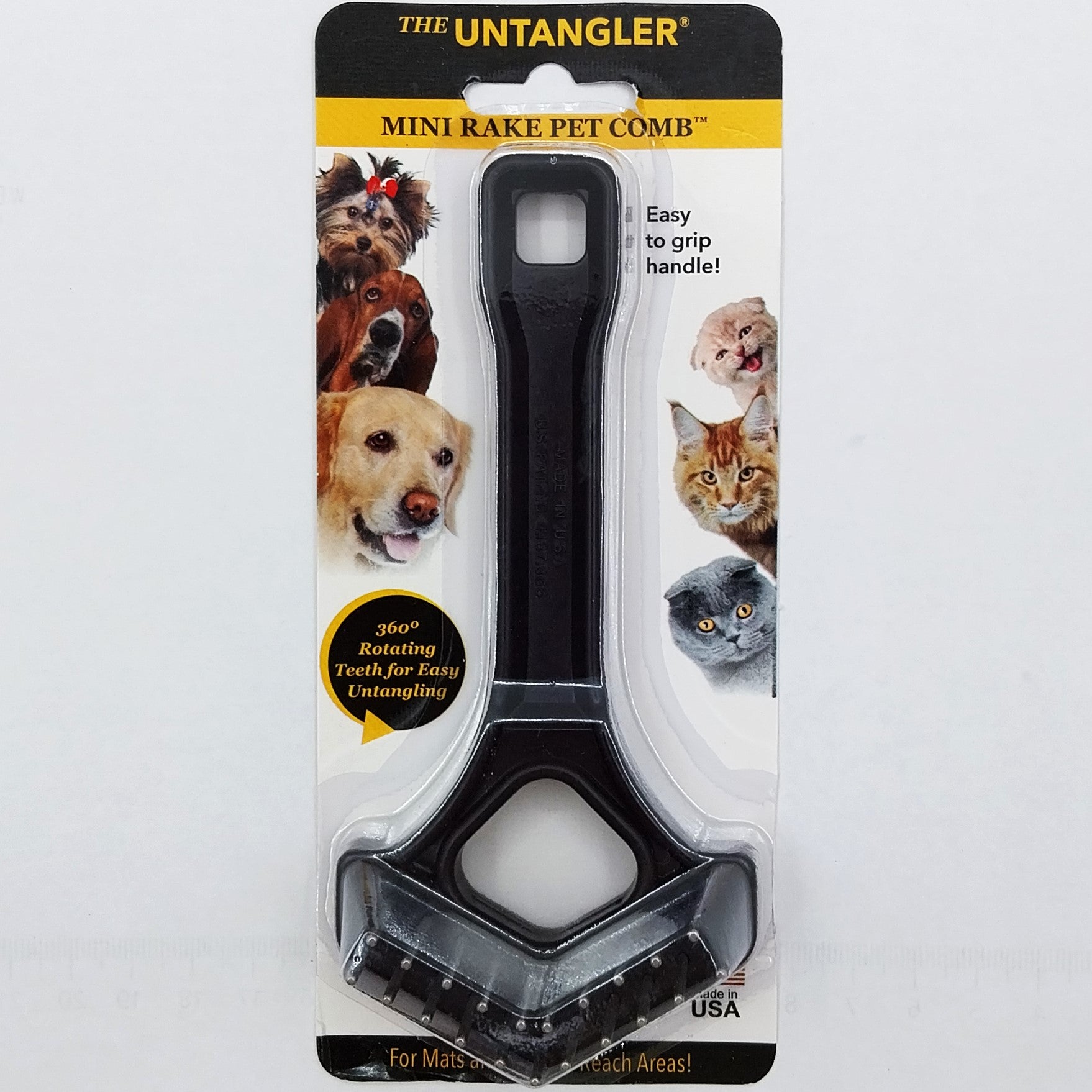 Untangler Mini Rake Pet Comb mit langen V-förmigen rotierenden zweireihigen Edelstahlstiften