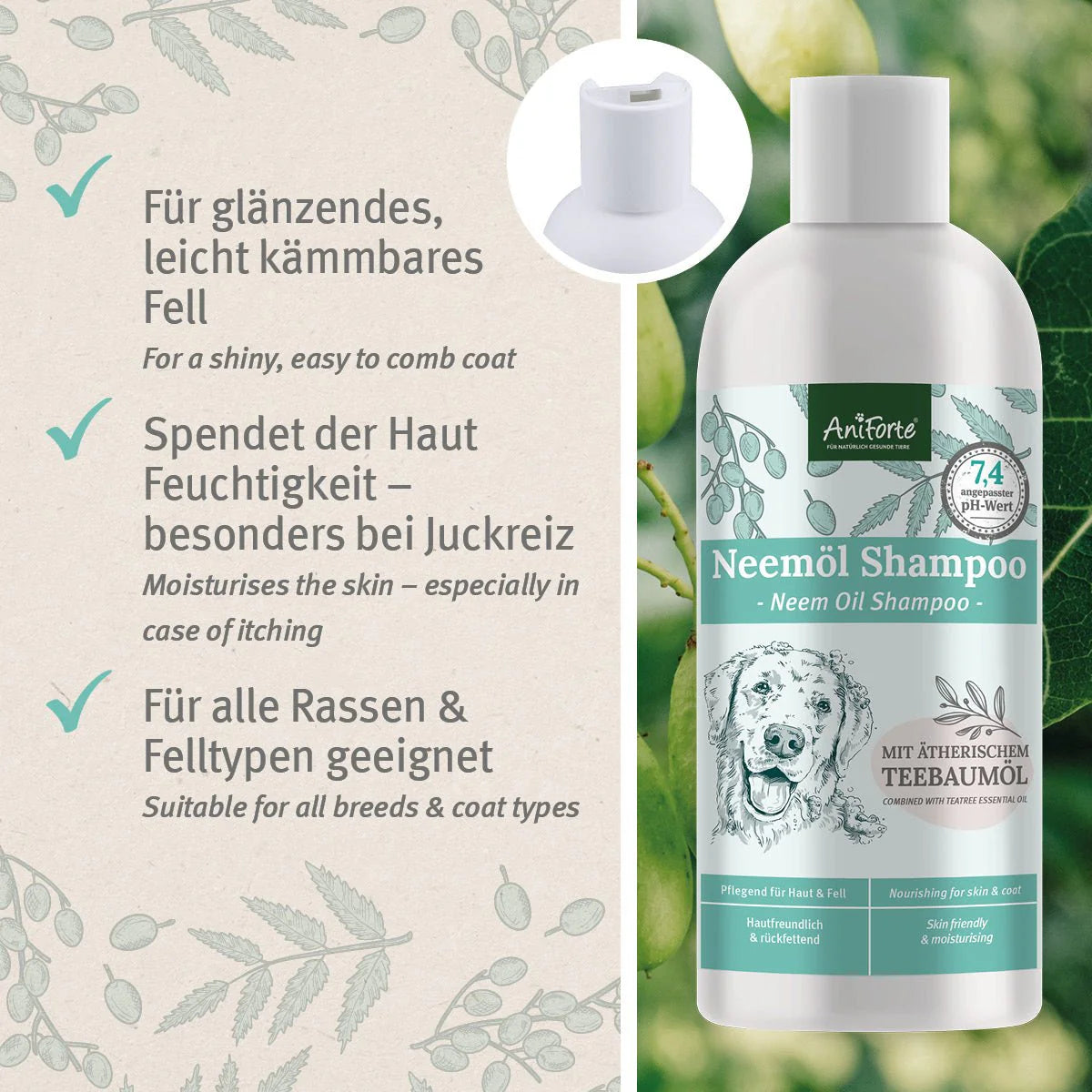 AniForte Neemöl Shampoo mit ätherischem Teebaumöl - bei Juckreiz, für Hunde aller Rassen & Felltypen, 500ml